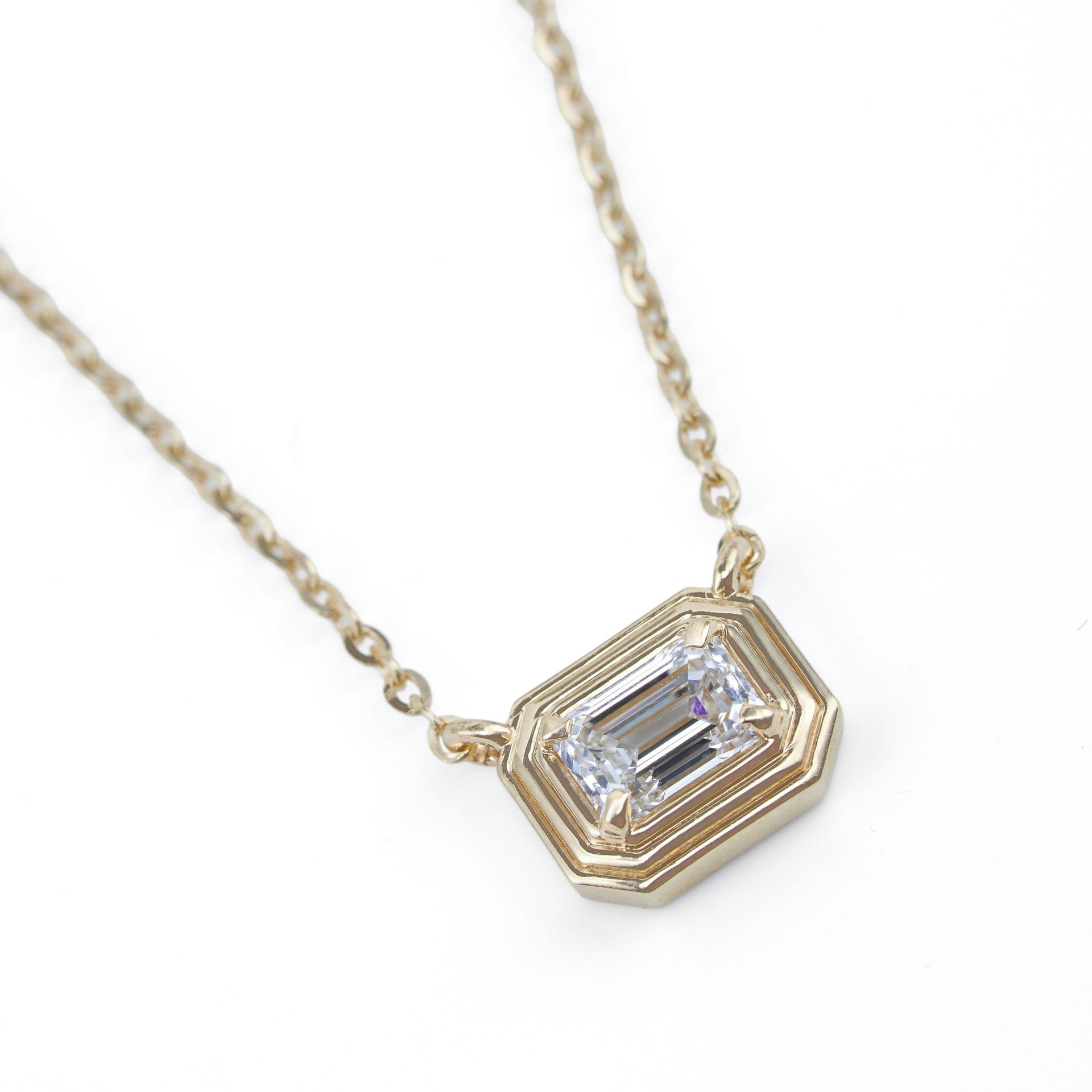 1ct Emerald Cut LGD Gold Necklace-2 Step Bezel